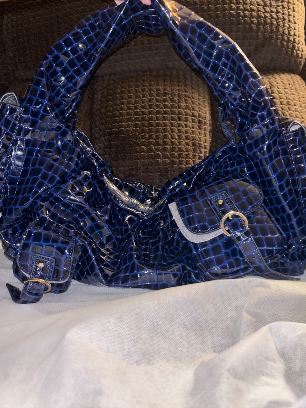 Parallel X Studio Betty Bag Patent Croc-Embossed Blue Shoulder Bag